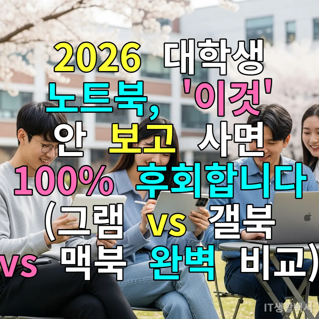 서울의 대학교 캠퍼스에서 LG 그램, 갤럭시북, 맥북 에어를 사용하는 한국 대학생들의 밝은 모습