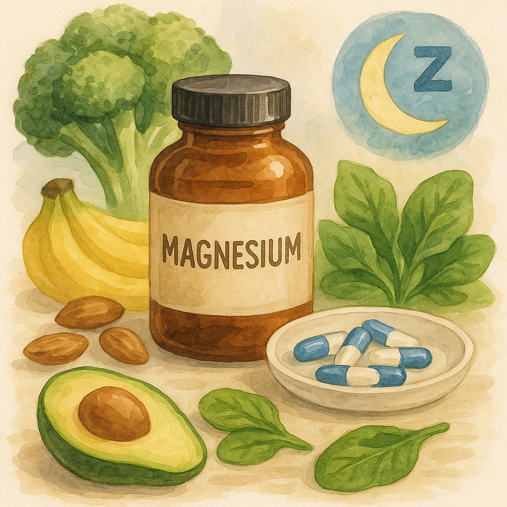 마그네슘 대표적인 식품으로 브로콜리, 바나나, 아보카도, 시금치, 아몬드가 있다.