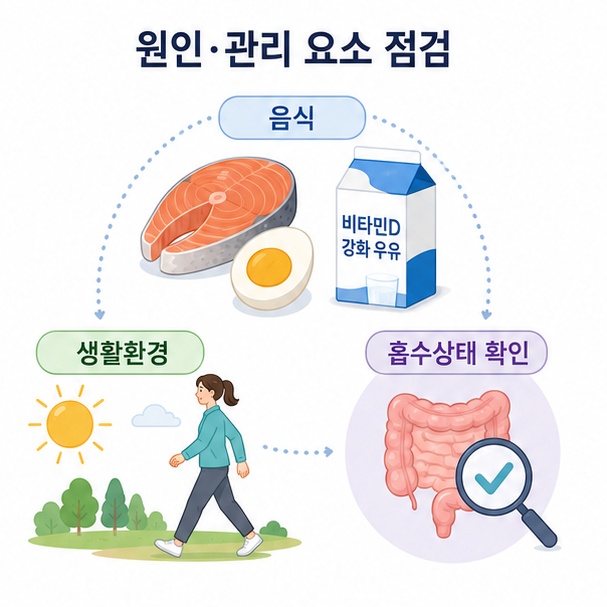 연어와 달걀, 비타민D 강화식품과 생활환경 등 비타민D 수치에 영향을 주는 요소를 정리한 이미지
