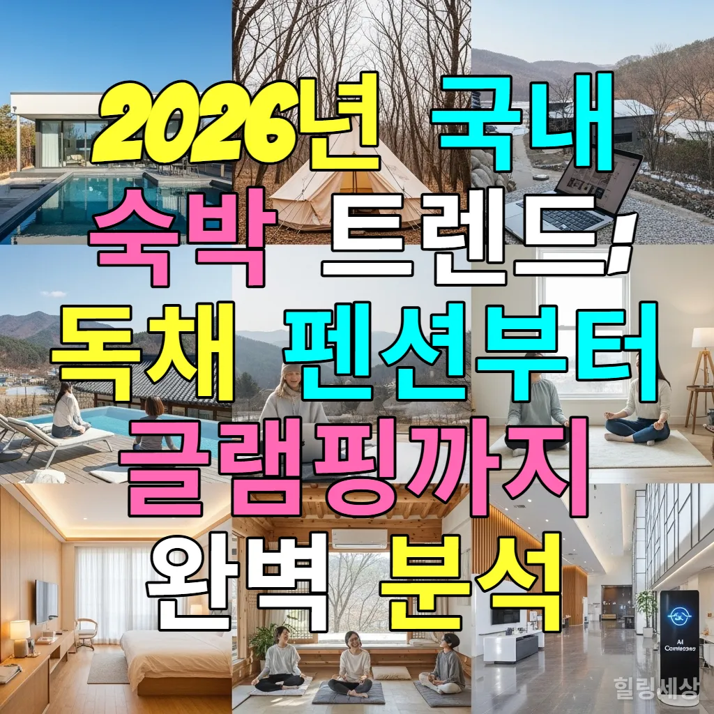 2026년 국내 숙박 트렌드를 보여주는 다양한 숙소 이미지. 독채 펜션, 글램핑, 워케이션, 웰니스, 친환경, 스마트 호텔, 반려동물 동반 숙소.