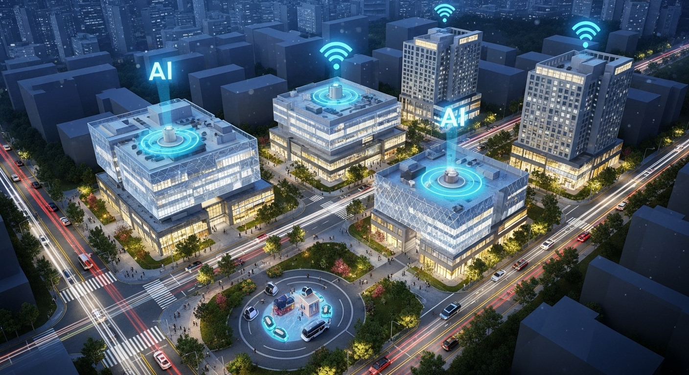 a fully integrated smart city district in Seoul at night