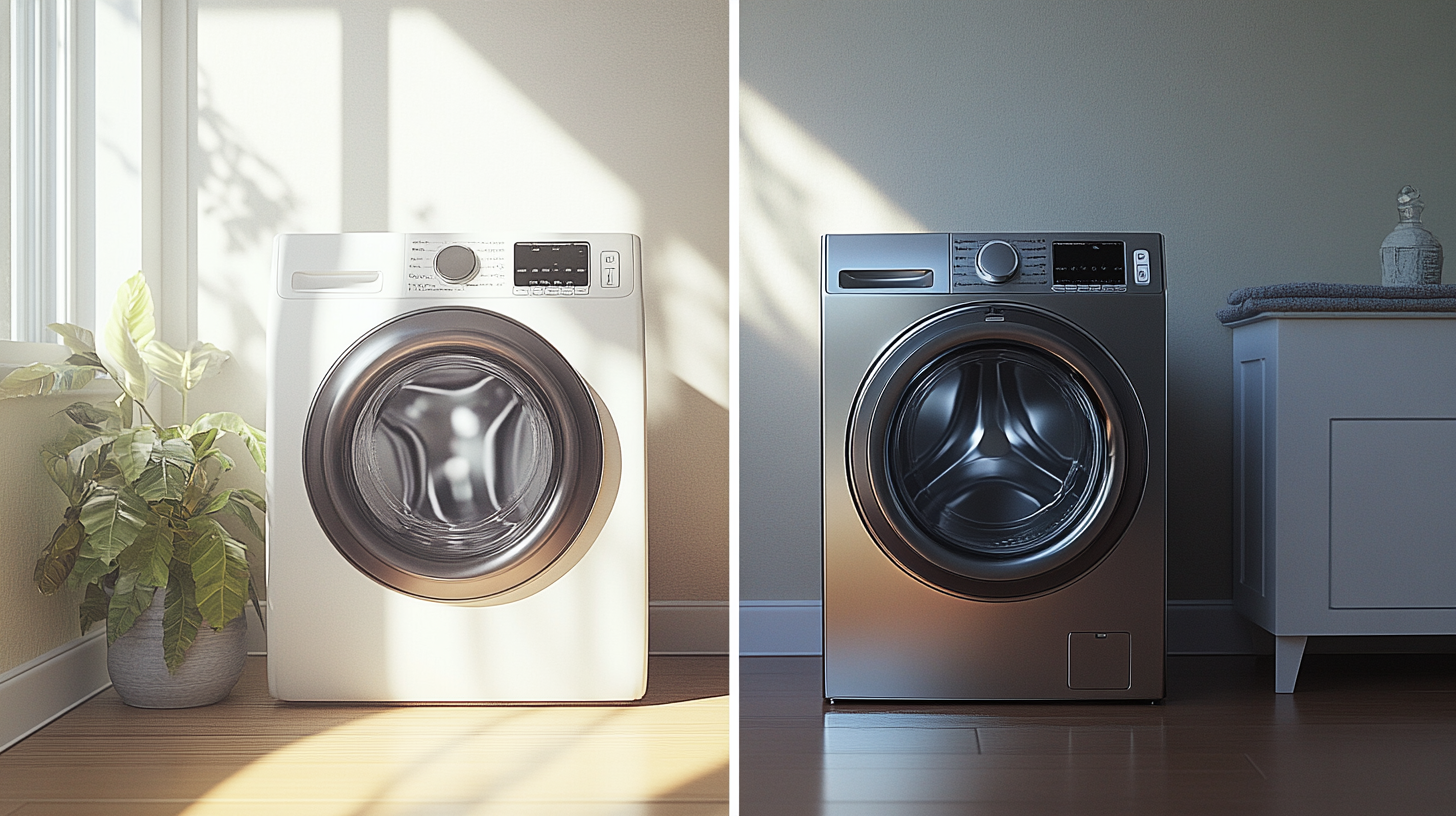 삼성 세탁기와 LG 세탁기가 현대적인 가정 환경에서 나란히 배치된 모습, 세련된 디자인과 스타일을 강조한 이미지.
