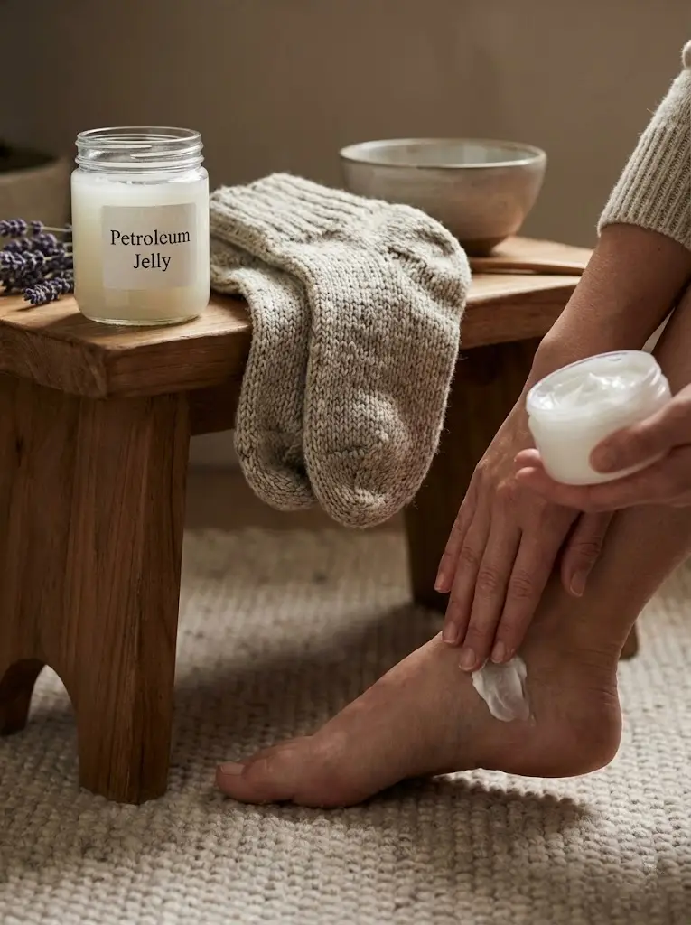 바세린을 발에 듬뿍 바르고 랩이나 양말을 준비하는 과정 샷