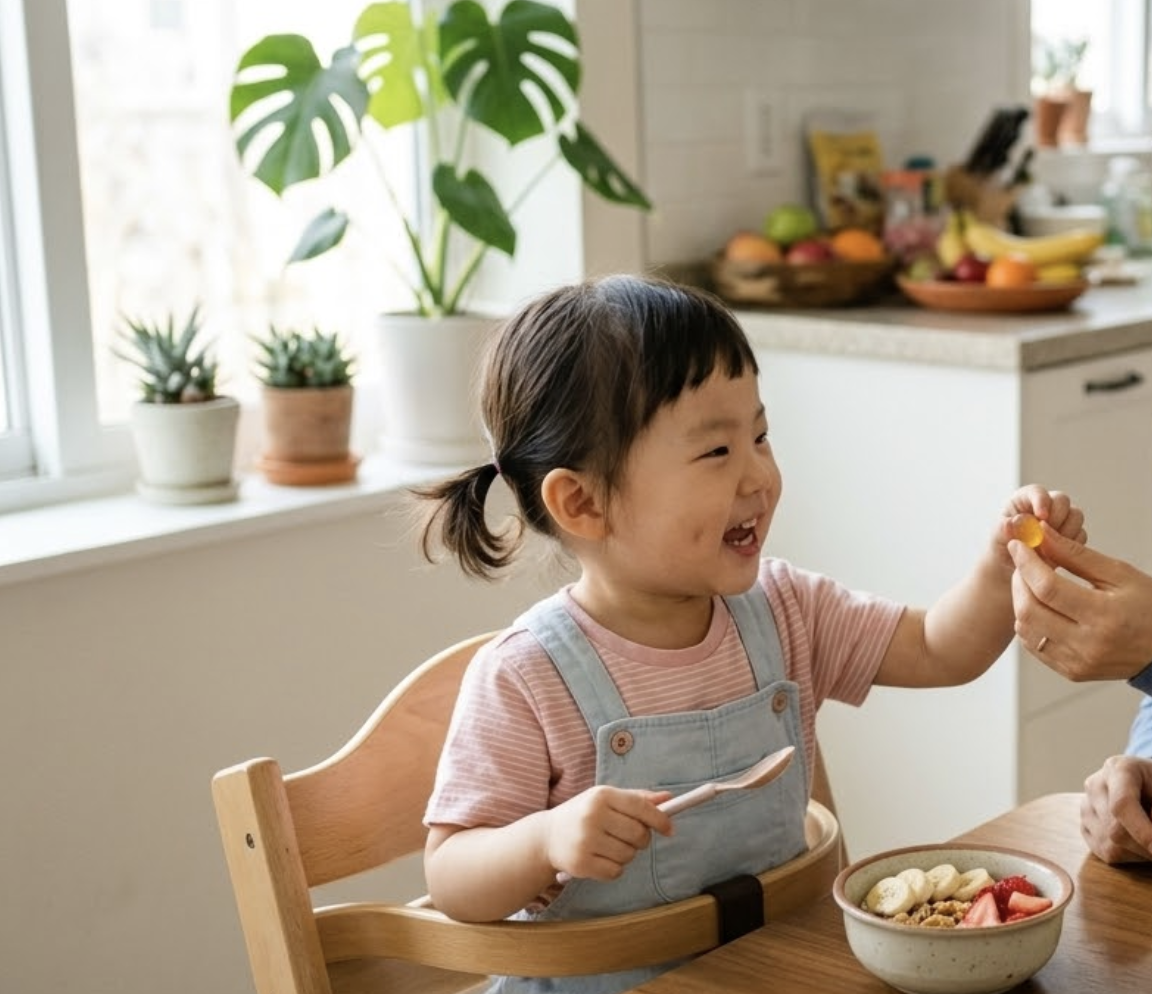 젤리타입으로 된 영양제를 건네받는 아이의 모습