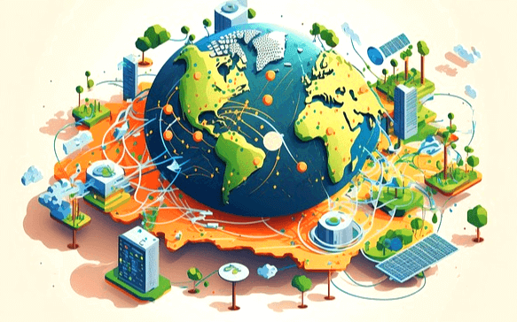 하늘색 지구본에 초록색으로 국토가 그려졌다. 주변엔 나무들, 빌딩들, 인터넷 전선들이 그려졌다.