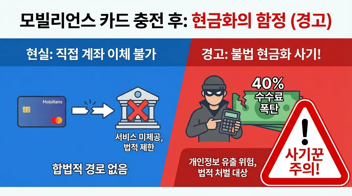 모빌리언스 카드 충전 후 직접 계좌 이체가 불가능한 현실과 불법 현금화 업체의 40% 수수료 사기를 경고하는 인포그래픽