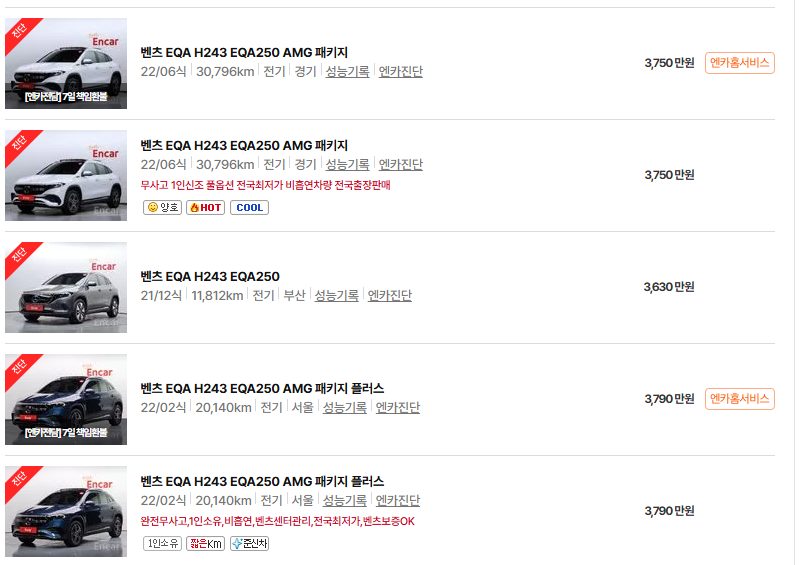 벤츠 EQA 중고차 가격 시세표 24년11월