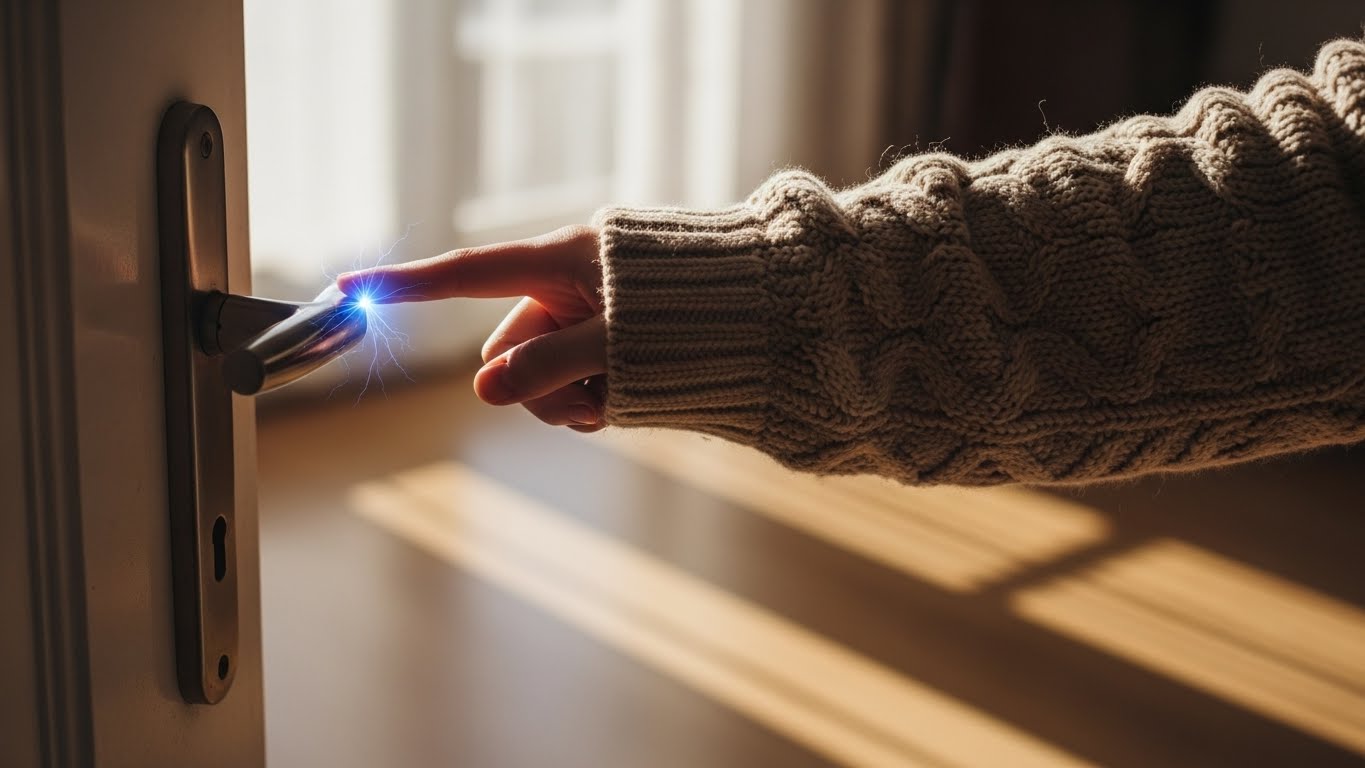 겨울철 니트 스웨터를 입고 문고리를 잡을 때 발생하는 정전기 불꽃 클로즈업