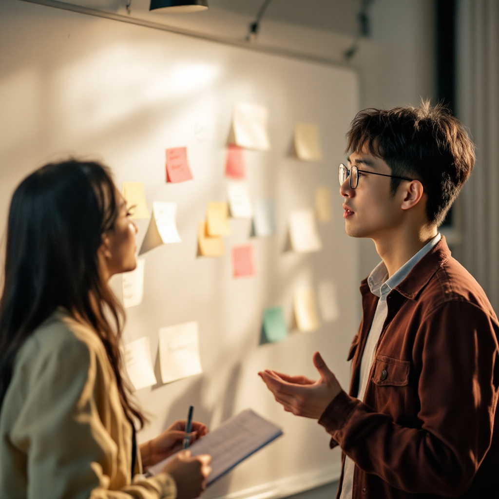 화이트보드 앞에서 포스트잇으로 아이디어를 공유하는 두 명의 스타트업 창업자. 전략 회의 중 진지한 표정으로 피드백을 나누는 장면.