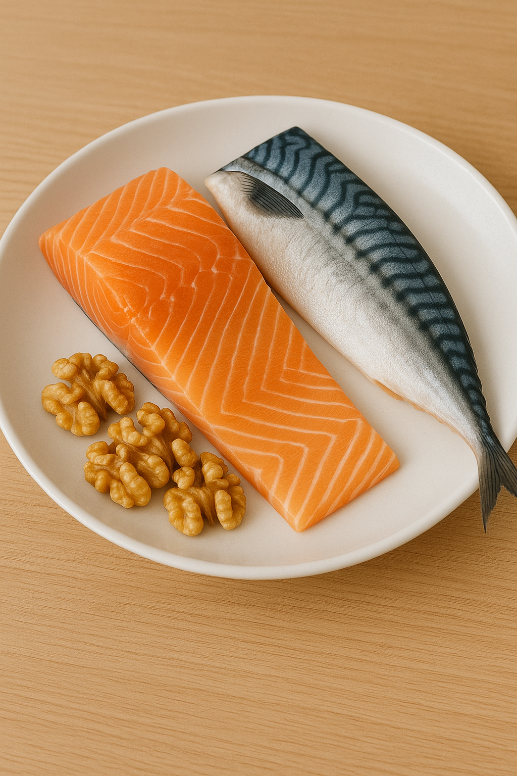손질된 고등어, 연어, 호두 한 접시 이미지