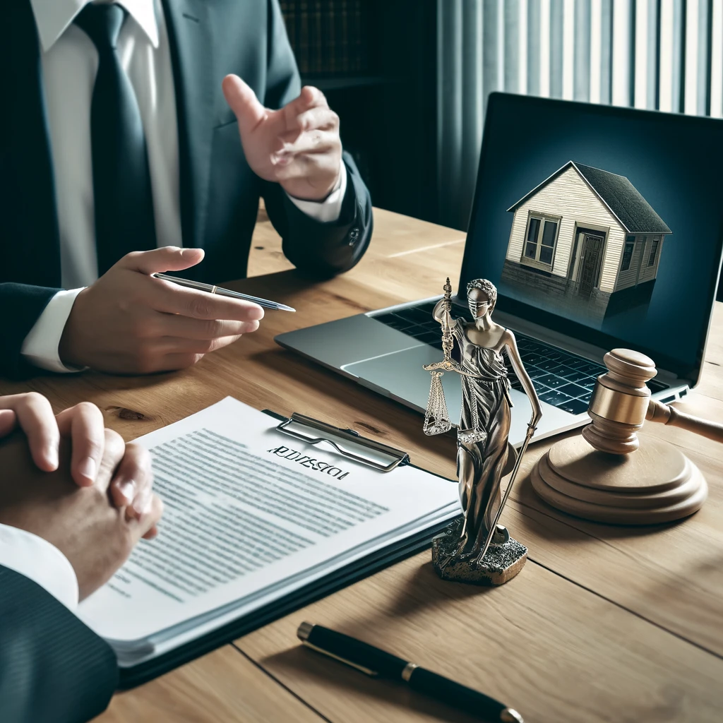 사무실에서 고객에게 부동산 권리를 설명하는 법률 상담가