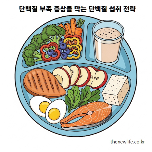 단백질 부족 증상을 예방하기 위한 단백질 섭취 전략 – 단백질 식품과 채소, 과일을 균형 있게 포함한 식단 예시