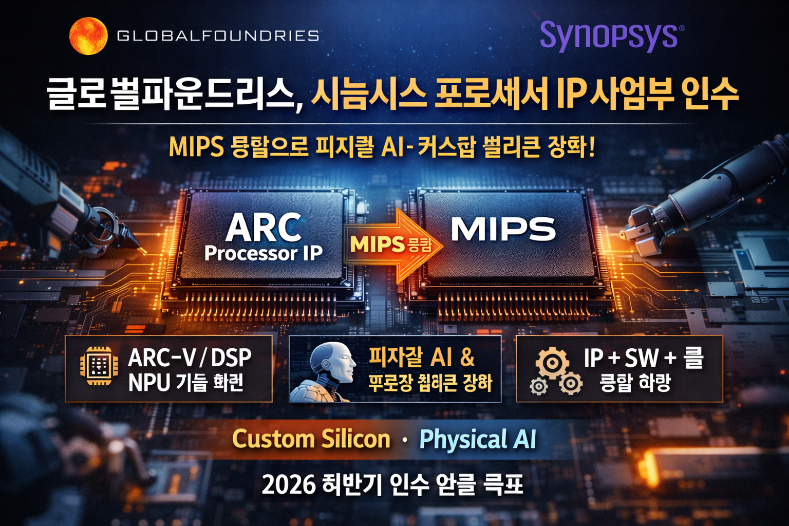 글로벌파운드리스가 시놉시스의 ARC 프로세서 IP 솔루션 사업부 인수 최종 계약을 체결했다. 인수 자산은 MIPS로 통합돼 피지컬 AI 및 커스텀 실리콘 역량을 확대하고, IP·소프트웨어·툴 체계를 통해 고객의 제품 출시 기간 단축을 노린다.