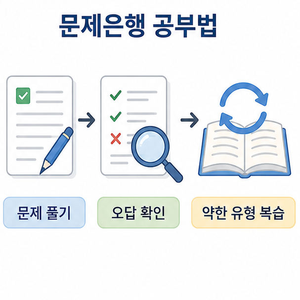 문제를 풀고 오답을 확인한 뒤 약한 유형을 반복 복습하는 운전면허 문제은행 공부 방법 이미지