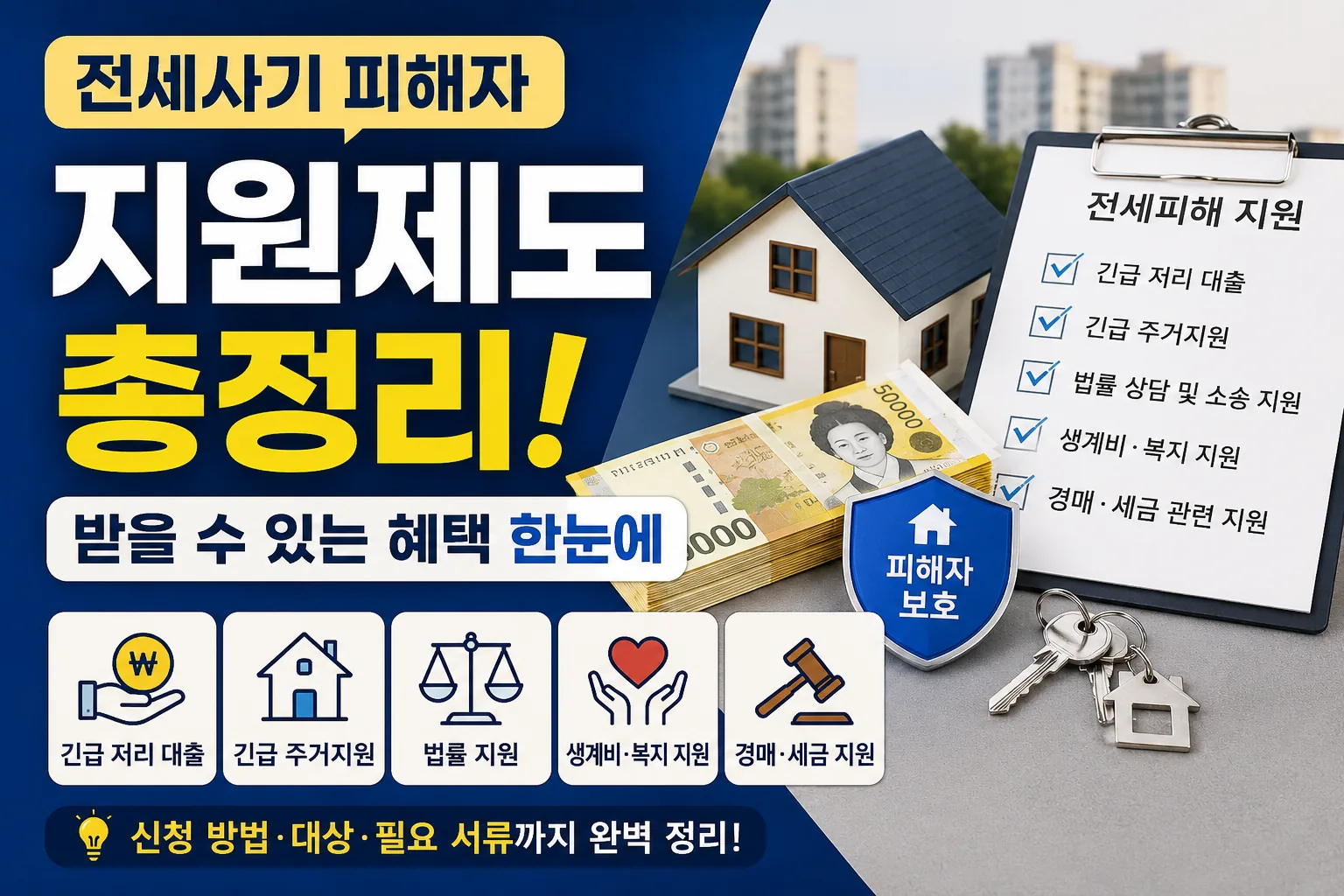 전세사기 피해자가 받을 수 있는 긴급 대출과 주거 지원 제도를 설명하는 정보형 썸네일