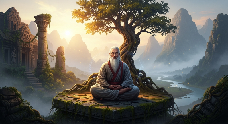 고대 문명 속에서 평화롭게 명상하는 현자의 모습