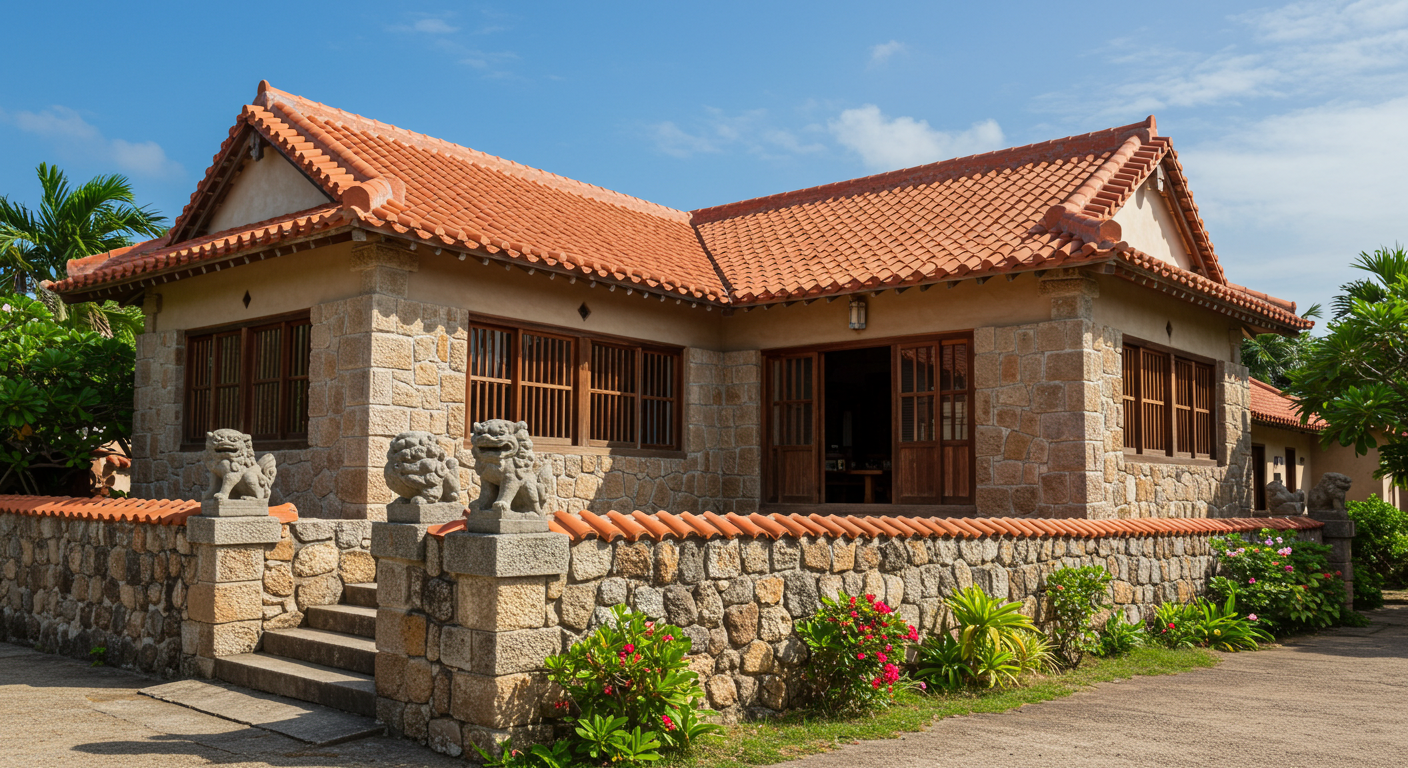 오키나와의 전통 붉은 기와집을 배경으로 한 체험 공간