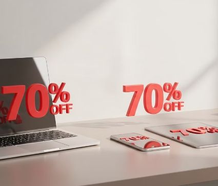 Student welfare store discount guide showing electronics with 70% off symbols and graduation cap representing Korean university student benefits and educational discounts