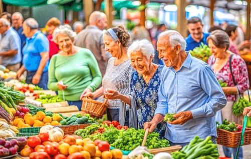 백발 노인들이 웃으면서 야채 시장에서 장을 보고 있다. 갈색 바구니를 들고 야채를 고르고 있다.