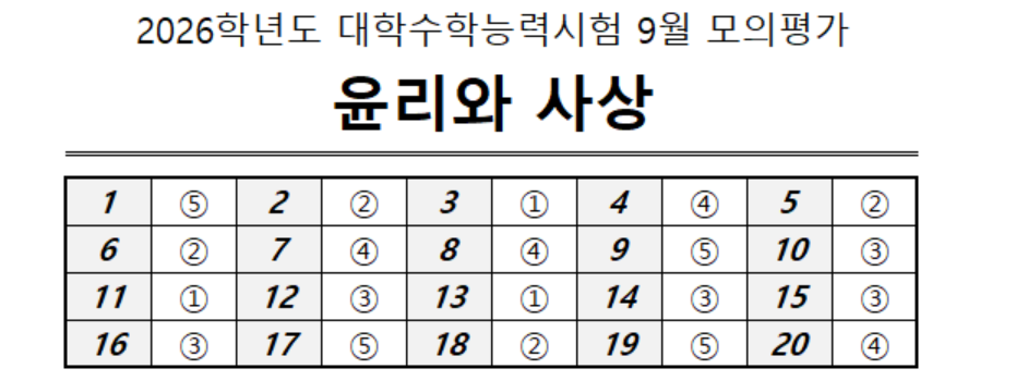 2026년 9월 모의고사 고3 윤리와사상 정답