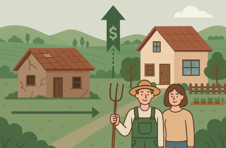 "귀농인 주택 지원제도를 표현한 일러스트, 낡은 농촌 집이 정책 지원으로 새 주택으로 변신하고 귀농 부부가 정착하는 모습"