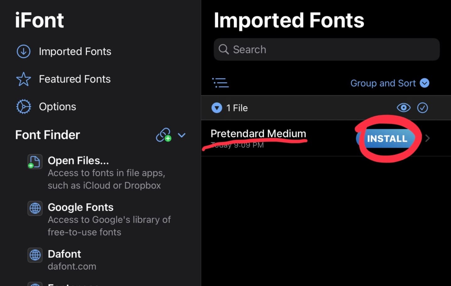 iFont에서 INSTALL버튼에 동그라미 표시를 했습니다.
