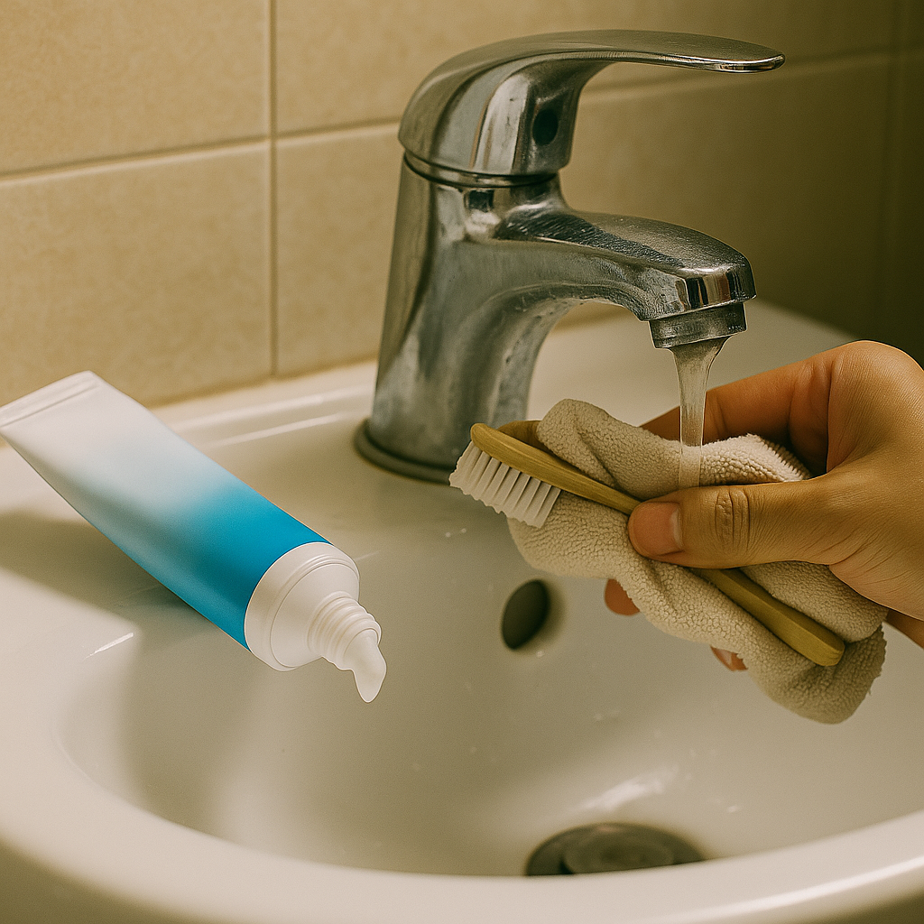 욕실 세면대 위에 유통기한이 지난 치약이 뚜껑을 연 채 놓여 있고, 한 손에는 부드러운 천과 칫솔을 들고 수도꼭지를 닦고 있는 모습