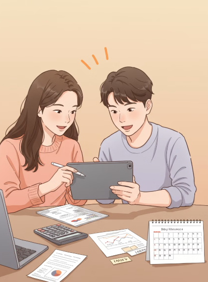 부부가 부모급여를 함께 보며 이야기하는 모습