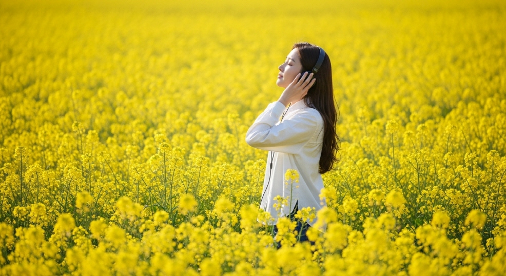음악을 들으며 유채꽃길 걷기