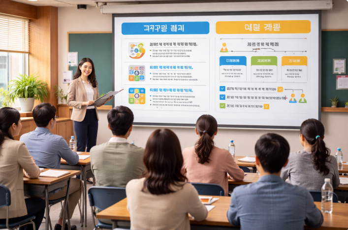 학교 설명회에서 방과후 프로그램 안내 자료를 발표하는 장면