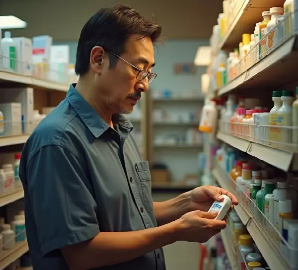 약국에서 영양제를 고르고 있는 50대 남성