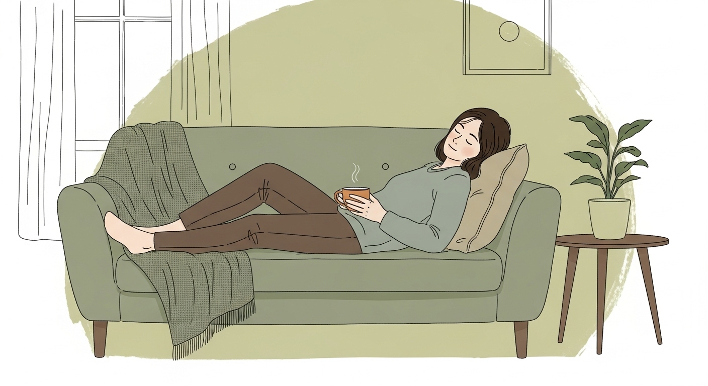A minimalist and calming illustration of a person feeling tired after a long day, resting on a comfortable sofa with a warm cup of tea.