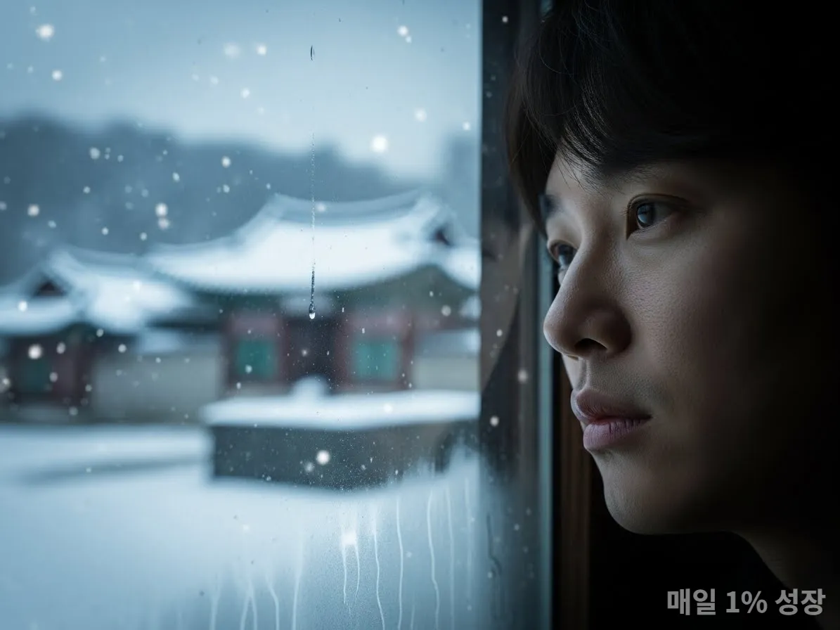 창밖의 겨울 풍경을 바라보며 우울감을 느끼는 한국인의 모습
