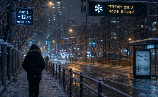 기록적인 한파가 다가오기 전 빠르게 식어가는 겨울 밤공기와 차가운 북풍 속 도시 거리 분위기 표현