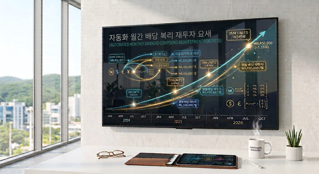 세련된 모던 오피스 데스크 위에 놓인 태블릿 PC 화면에 선명하게 찍힌 JEPI + JEPQ 5대 5 듀얼 바벨 포트폴리오의 10년 복리 재투자 및 자산 스노우볼 시뮬레이션