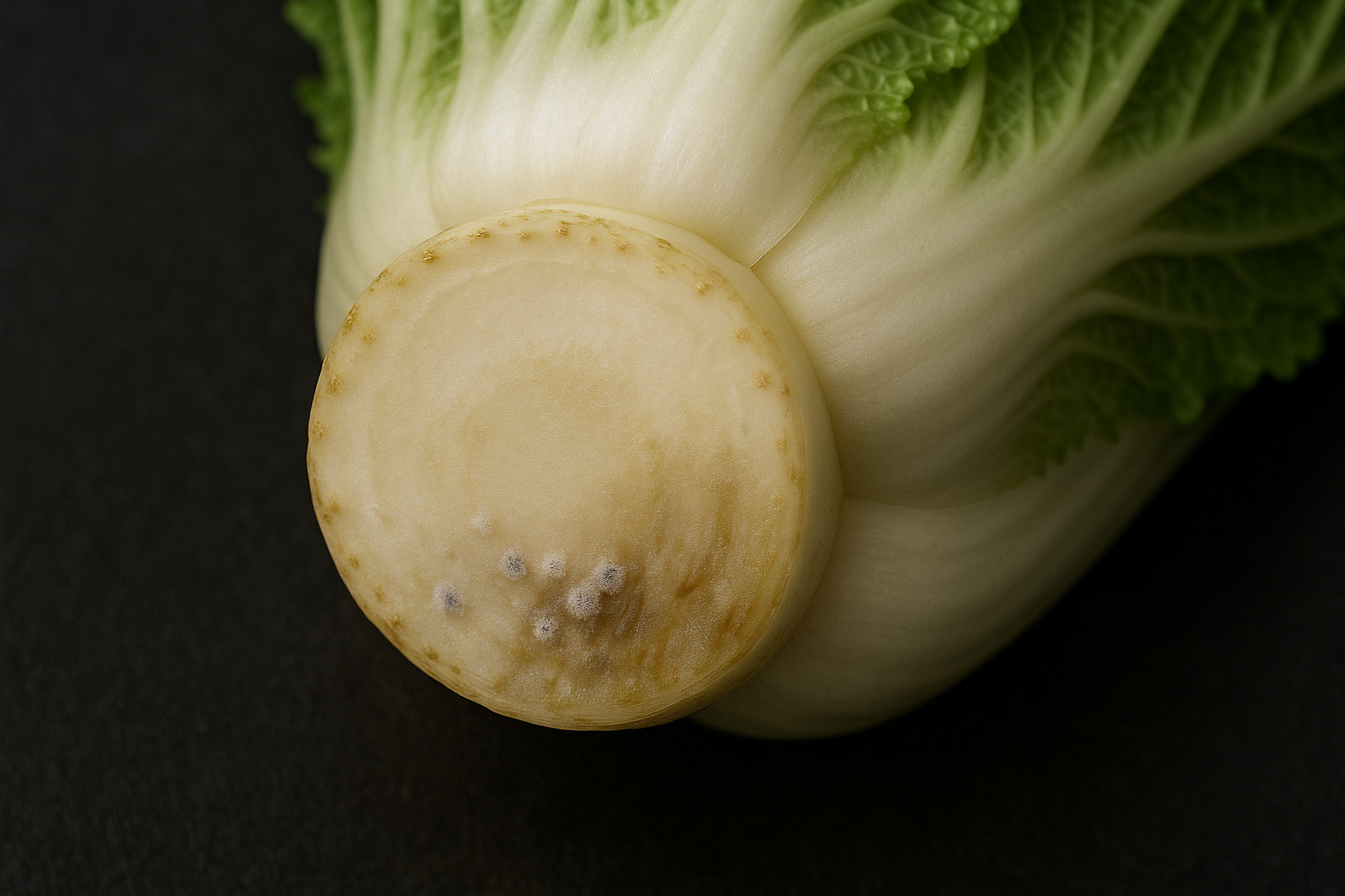 배추 밑동 곰팡이와 과습 얼룩(보관 부적합)