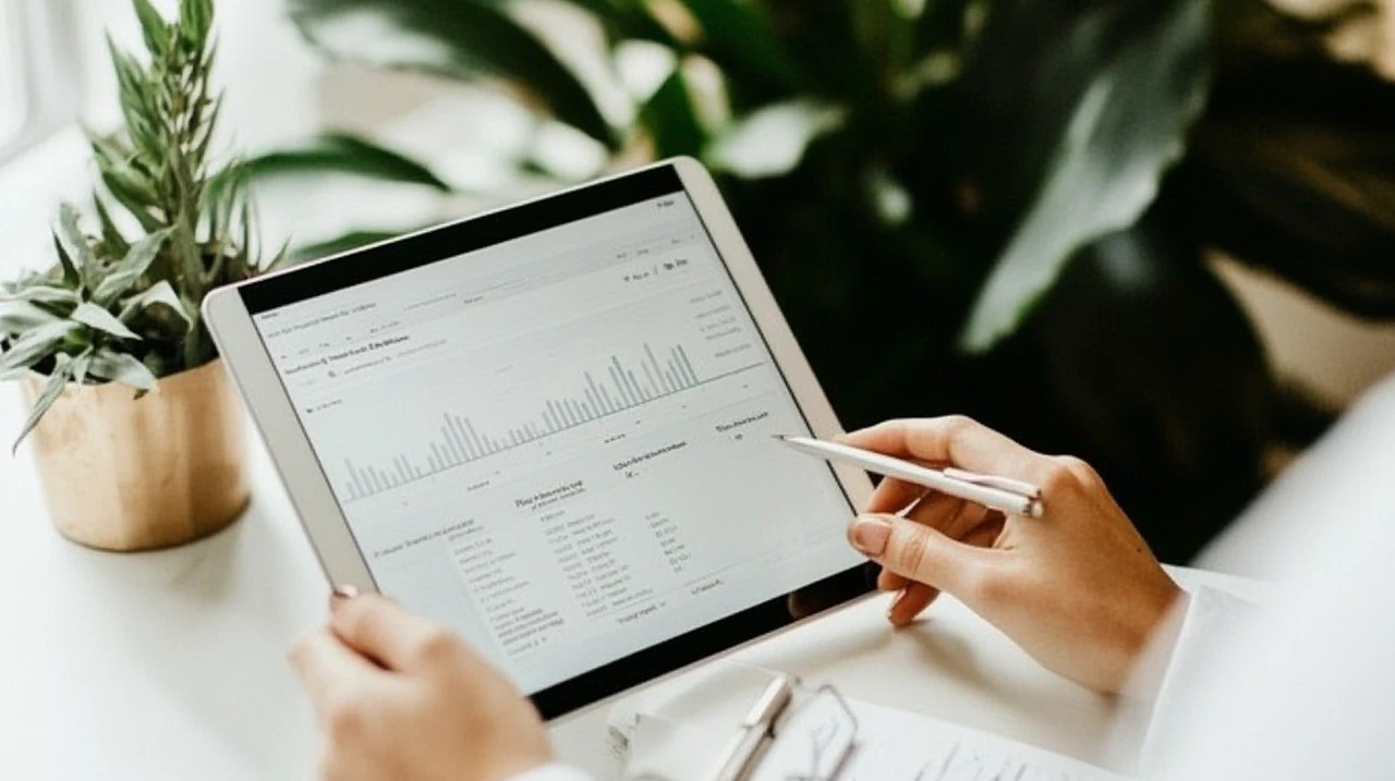 월배당 ETF의 순위와 수익률을 실시간으로 보여주는 태블릿 화면, 디지털 금융 정보 확인, 연금 ETF 수익률, 배당률 비교, 최신 투자 트렌드 제공