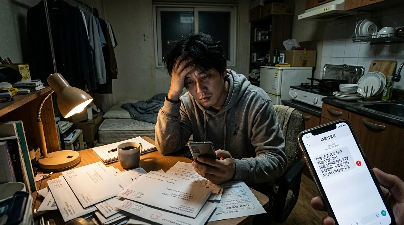 어두운 방 안에서 스마트폰의 카카오뱅크 대출 연장 거절 메시지를 보며 극심한 공포와 스트레스를 느끼는 30대 남성의 모습