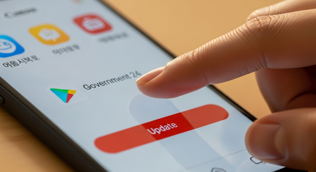 한국인의 손이 구글 플레이 스토어에서 '정부24' 앱을 업데이트하는 장면