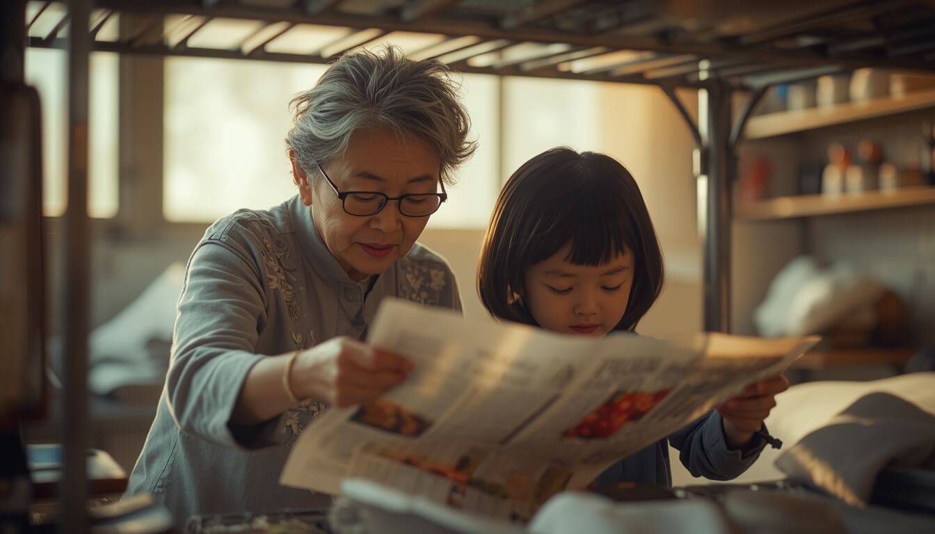 습기 제거를 위해 빨래 건조대 아래에 신문지를 깔아두는 할머니와 손주
