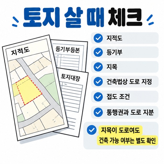 토지 매매와 건축 전에 지적도, 등기부, 건축법상 도로 지정, 접도 조건, 통행권을 확인해야 함을 정리한 카드