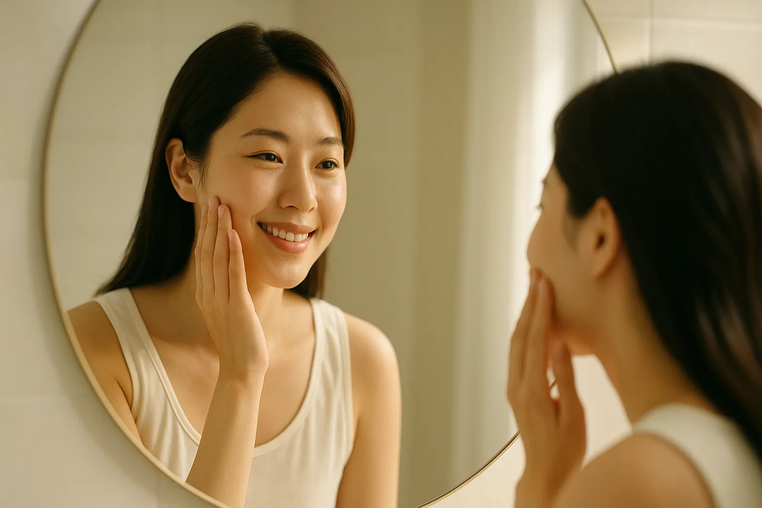 &quot;여드름 흉터 치료 후 깨끗해진 피부를 보며 만족스러워하는 여성의 모습&quot;