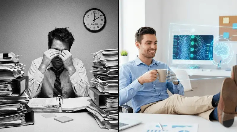 구글 젬나이 업무 자동화 전(수동 야근)과 후(AI 활용 여유)의 모습을 비교한 썸네일