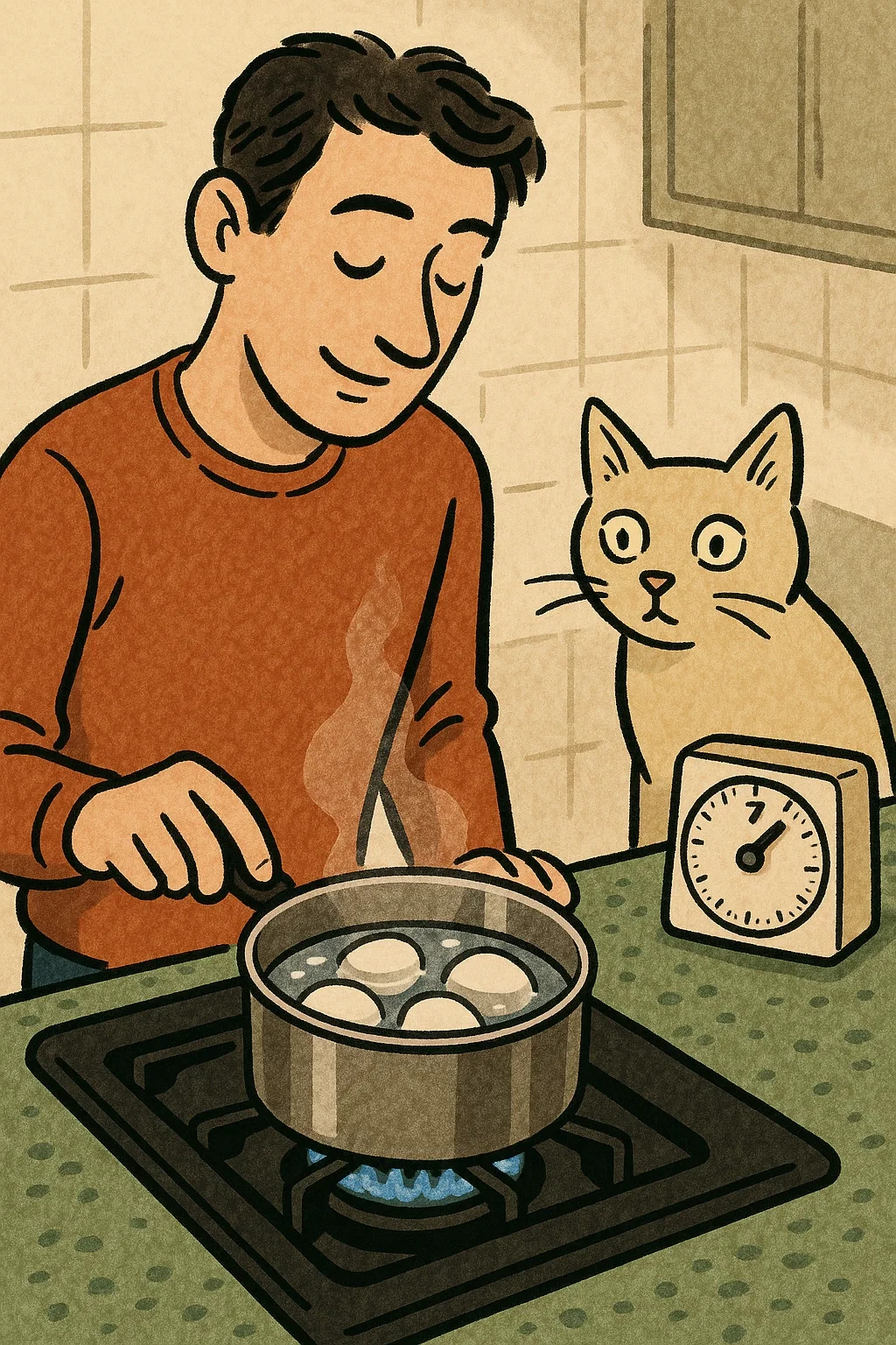 계란을 삶고 있는 남성과 기다리는 고양이