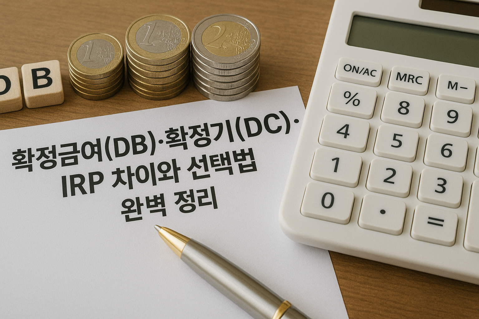 확정급여·확정기여·IRP 차이를 설명하는 서류와 동전, 계산기, 펜이 놓인 책상 위 모습