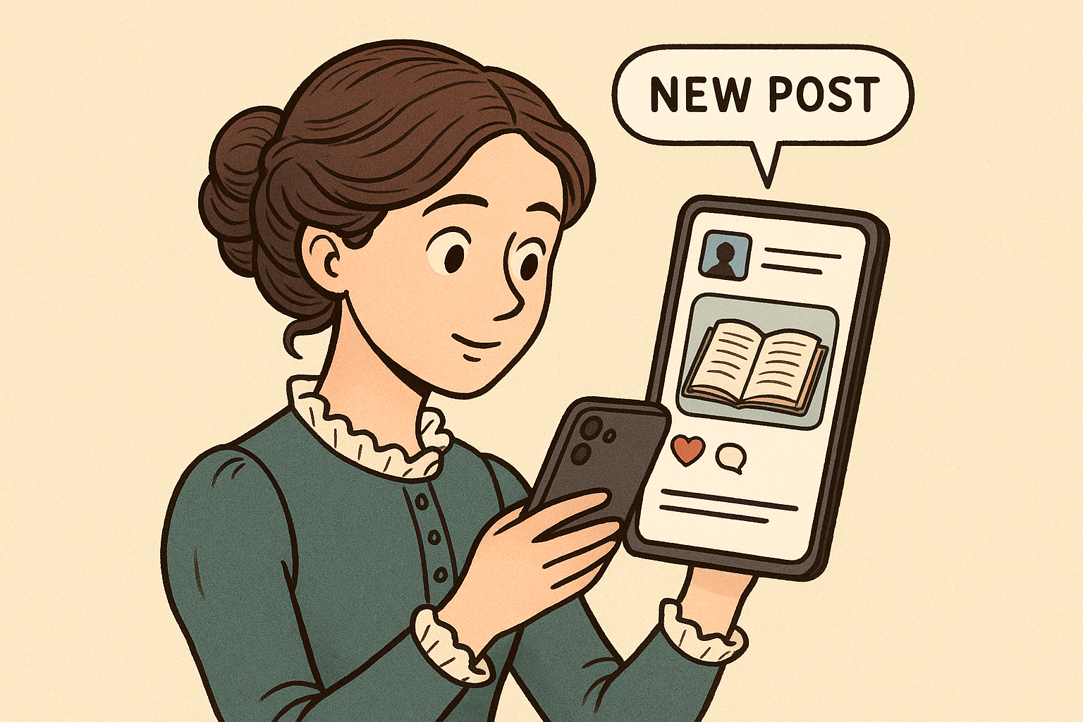 소설 속 주인공이 스마트폰으로 SNS에 글을 올리는 일러스트