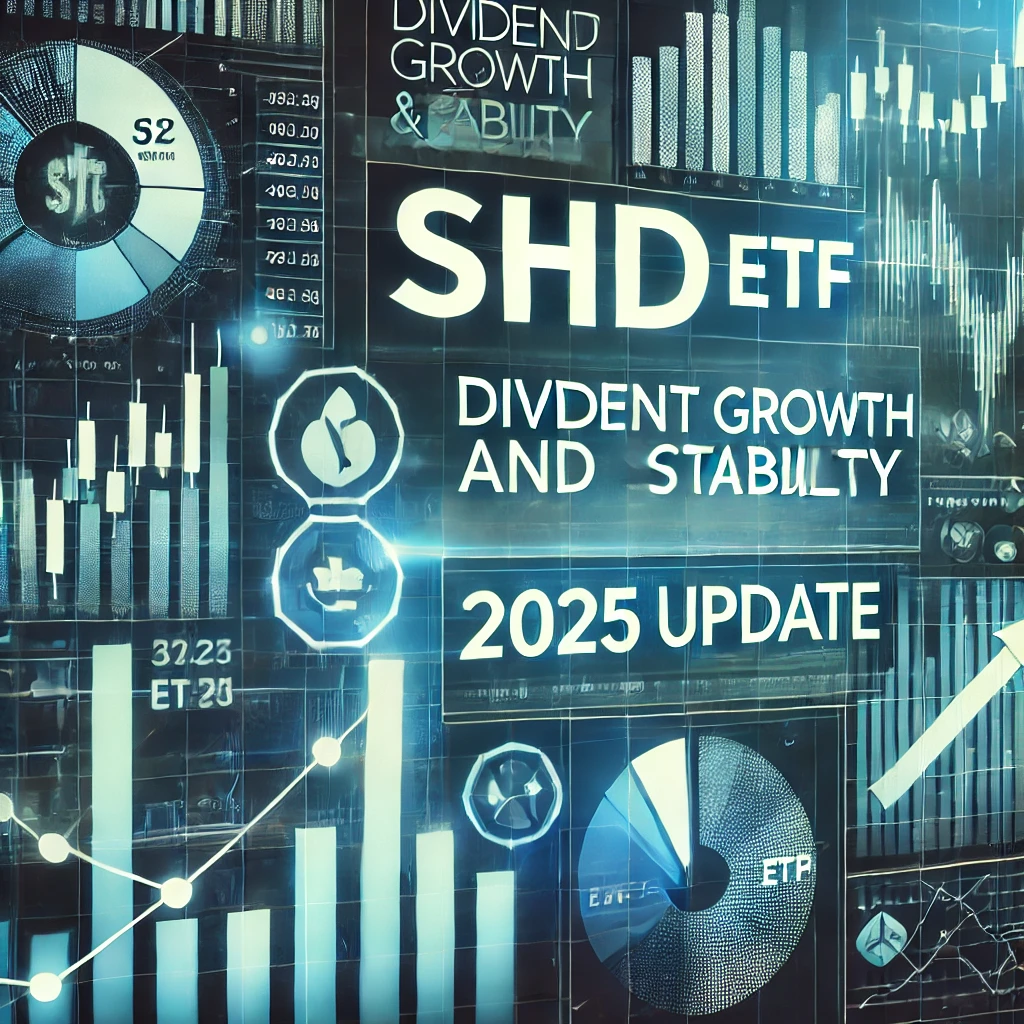 배당 성장과 안정성을 겸비한 ETF (2025 업데이트). 대형 'SCHD ETF' 텍스트와 금융 차트, 주식 시장 그래프, 배당 성장 아이콘이 포함된 신뢰성 높은 디자인