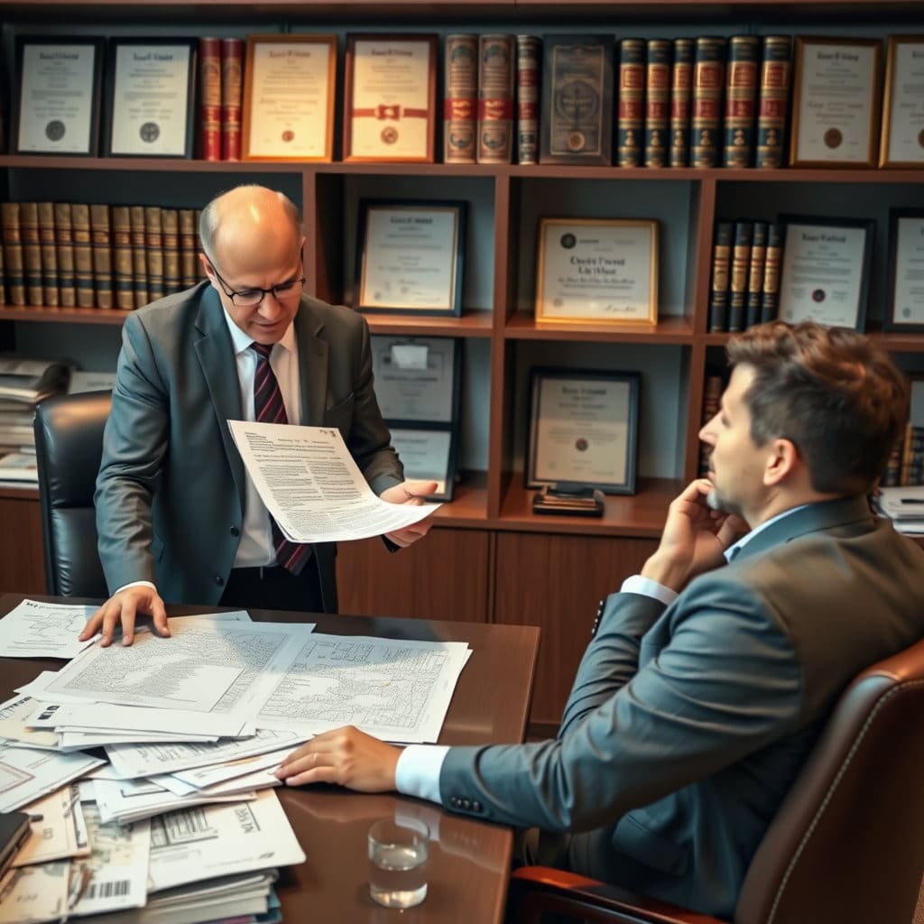 변호사, 법무사 또는 지적 전문가로 보이는 인물이 서류를 설명해주거나 상담하는 모습입니다. 신뢰감 있고 전문적인 분위기를 강조하며, 궁금증이 해소되는 듯한 표정의 의뢰인을 함께 배치합니다.