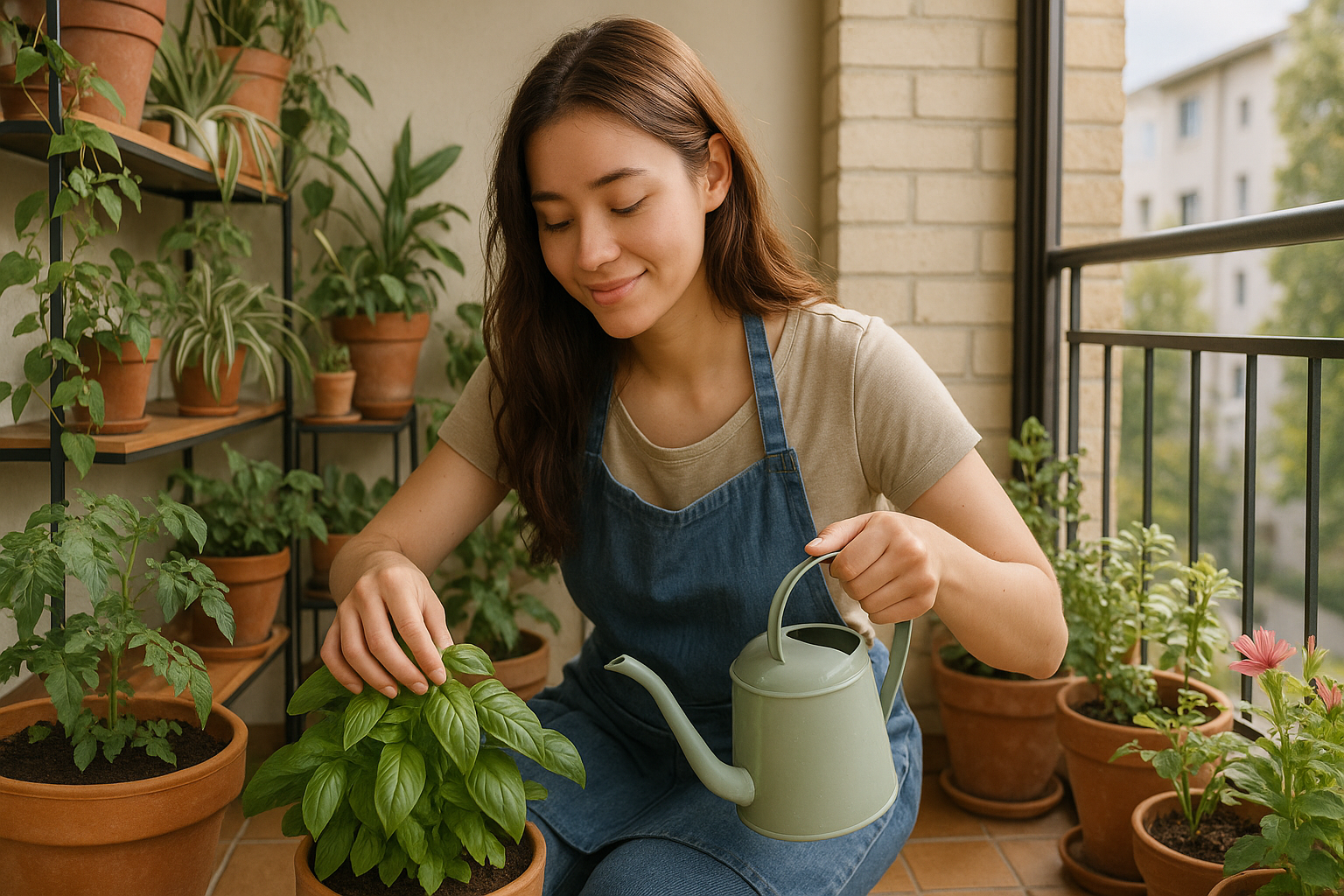 베란다 식물을 가꾸는 여성