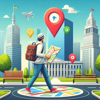 배낭 여행자가 도시 지도를 보며 탐색하는 모습